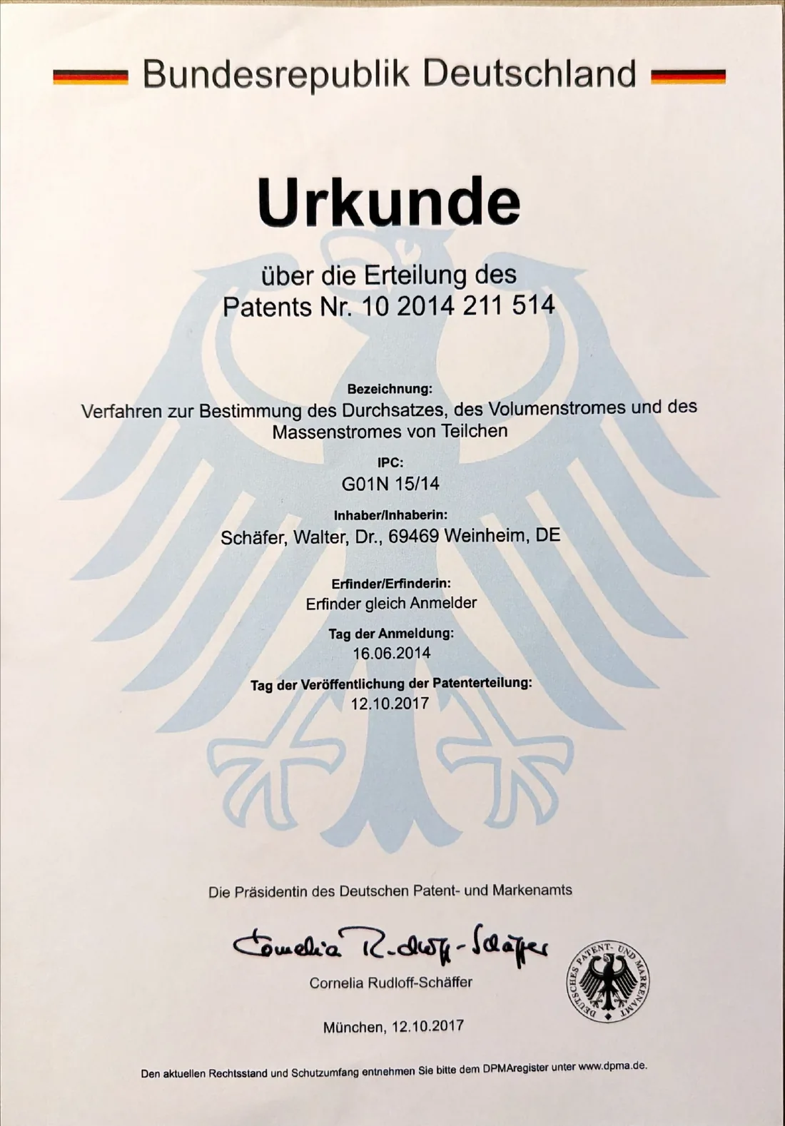 Certificate of the grant of patent No. 10 2014 211 514