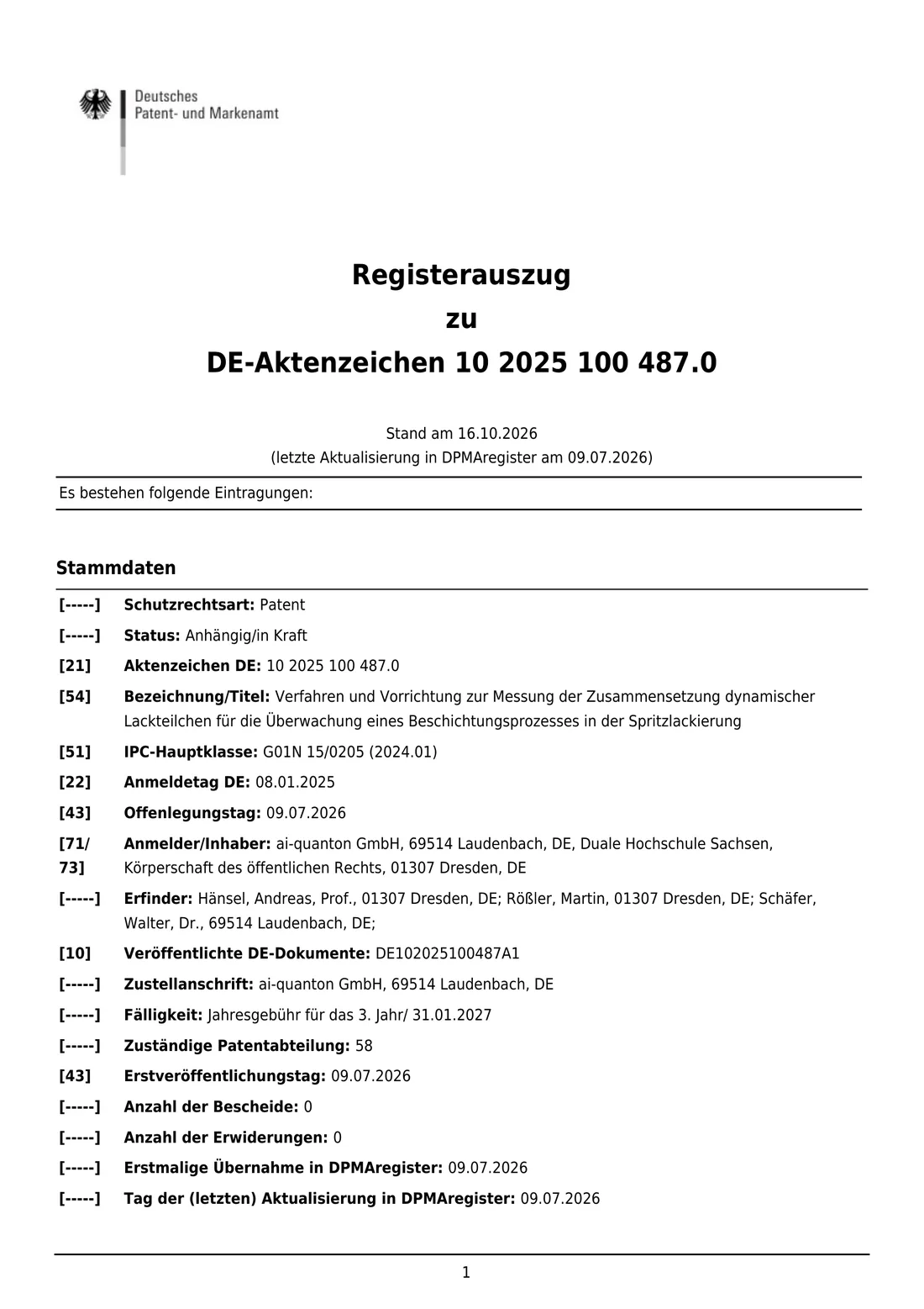 Register extract for DE 10 2025 100 487 A1, page 1